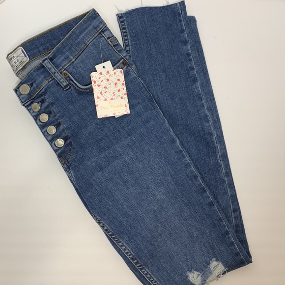 Free People | Distressed Denim Skinny Leg Jeans | Snap Button Crotch NWT - Picture 11 of 12